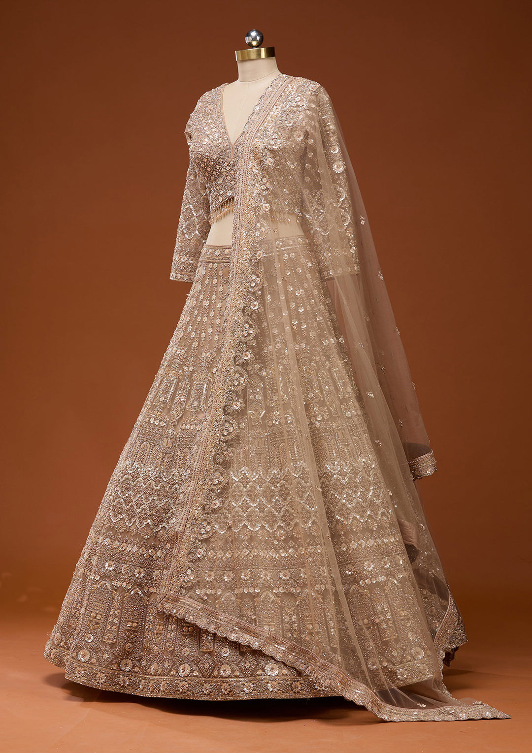 Beige Zariwork (Gold) Net Readymade Lehenga