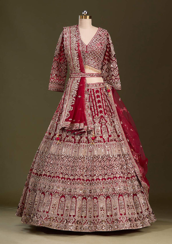 Maroon Sequins Net Readymade Lehenga