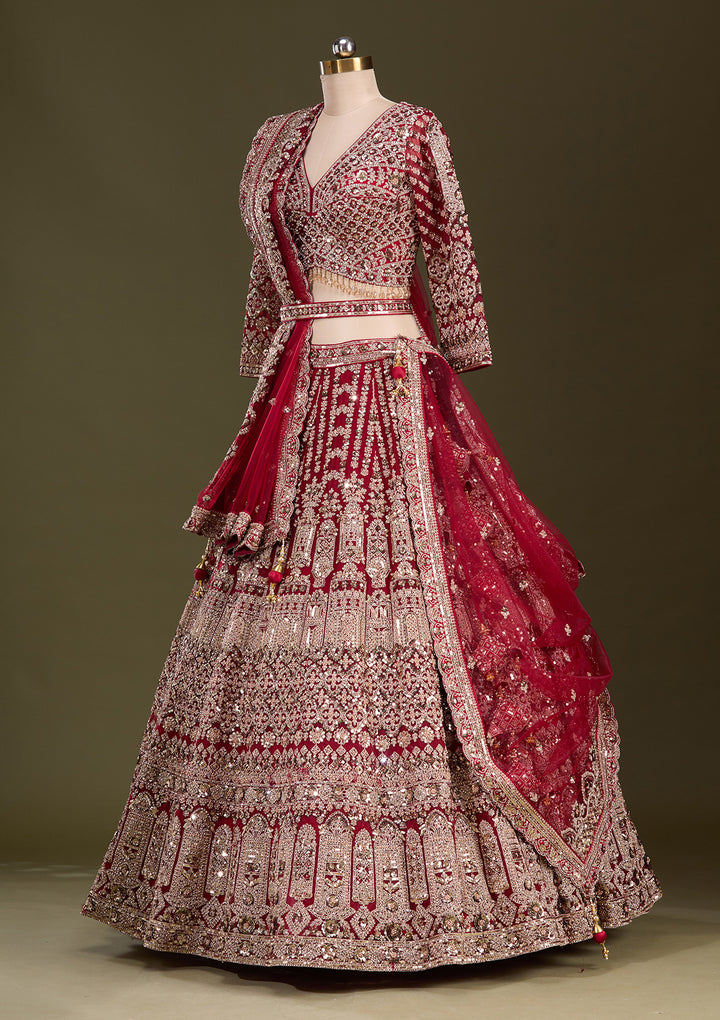 Maroon Sequins Net Readymade Lehenga
