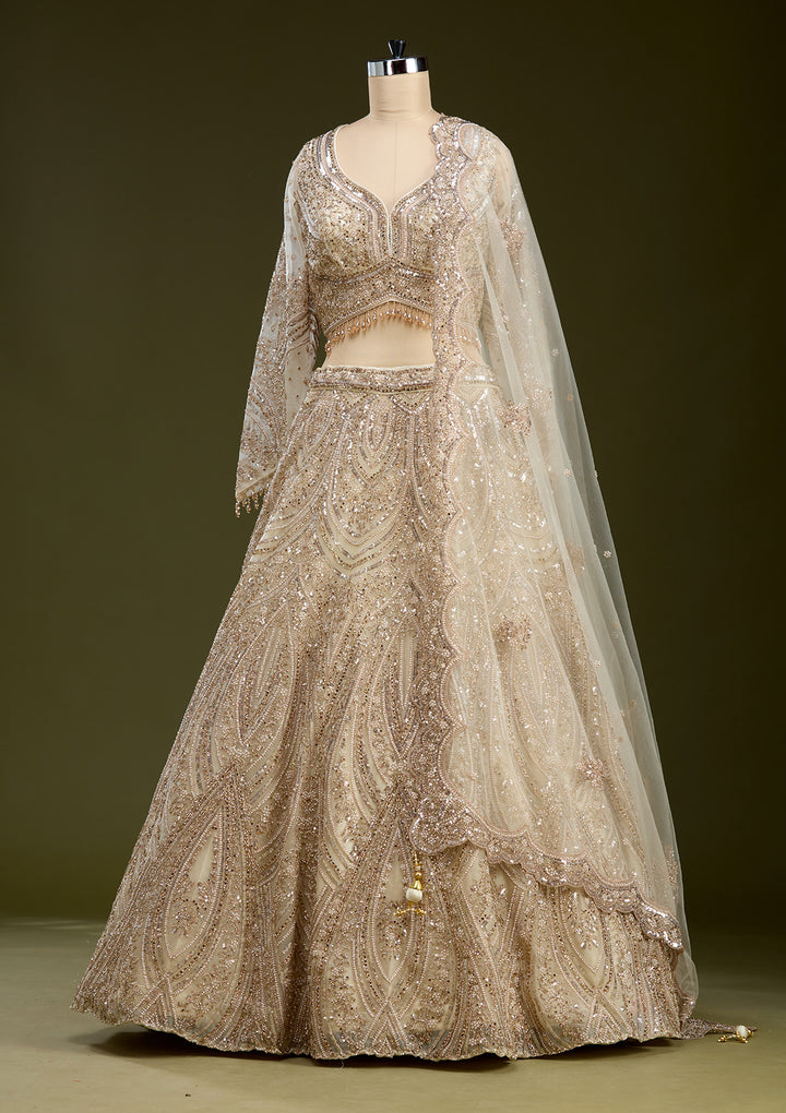Cream Sequins Net Readymade Lehenga