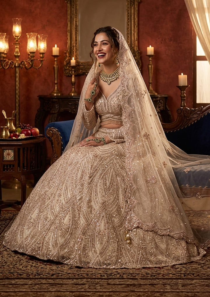 Cream Sequins Net Readymade Lehenga
