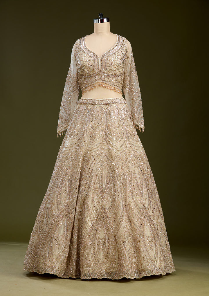 Cream Sequins Net Readymade Lehenga