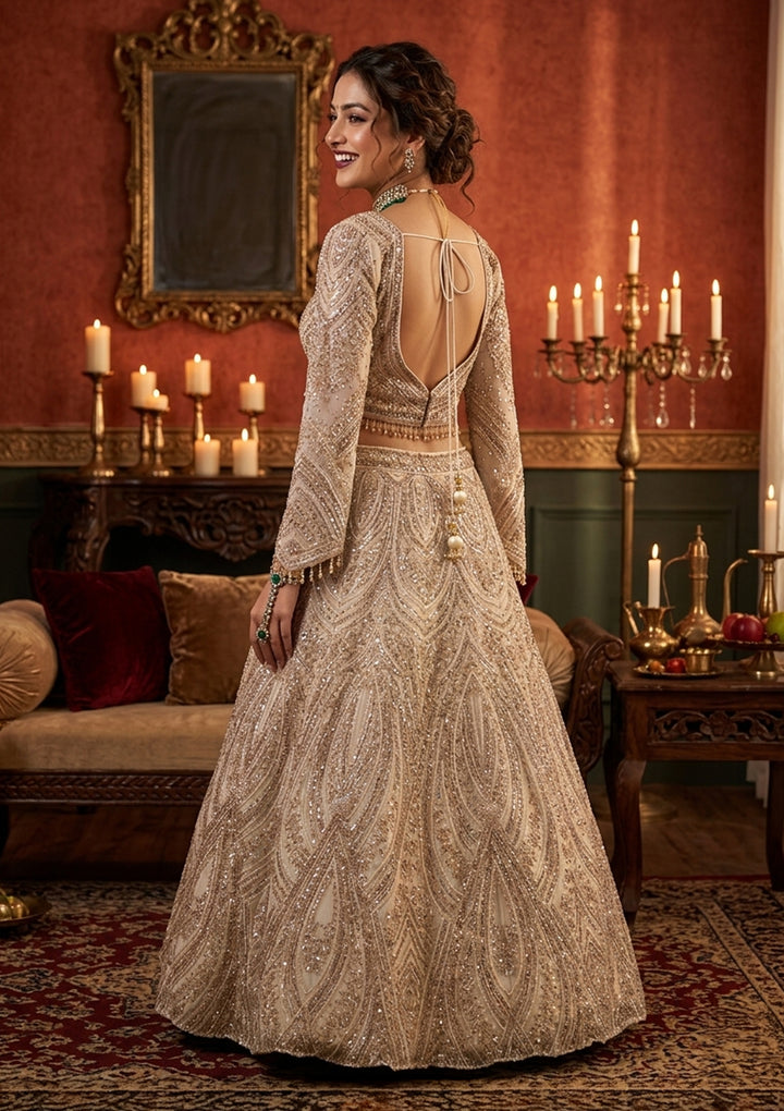 Cream Sequins Net Readymade Lehenga