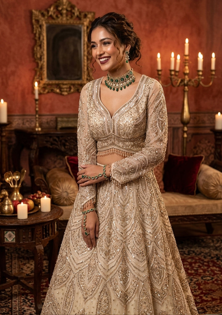Cream Sequins Net Readymade Lehenga