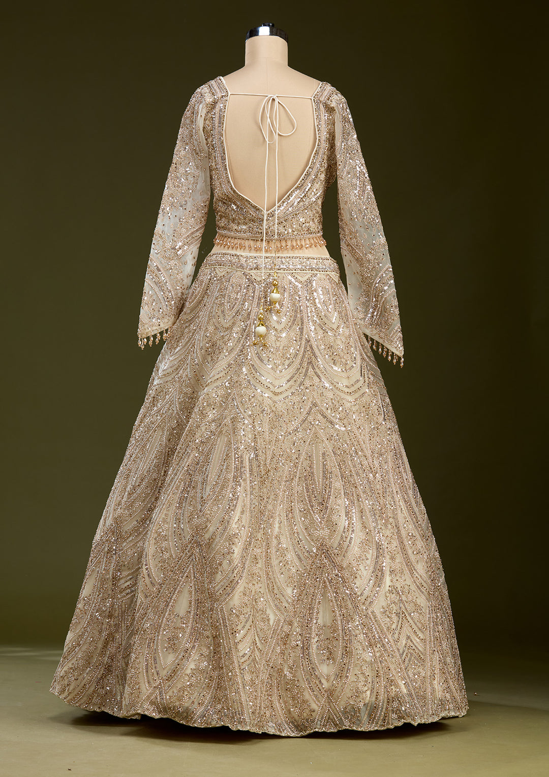 Cream Sequins Net Readymade Lehenga