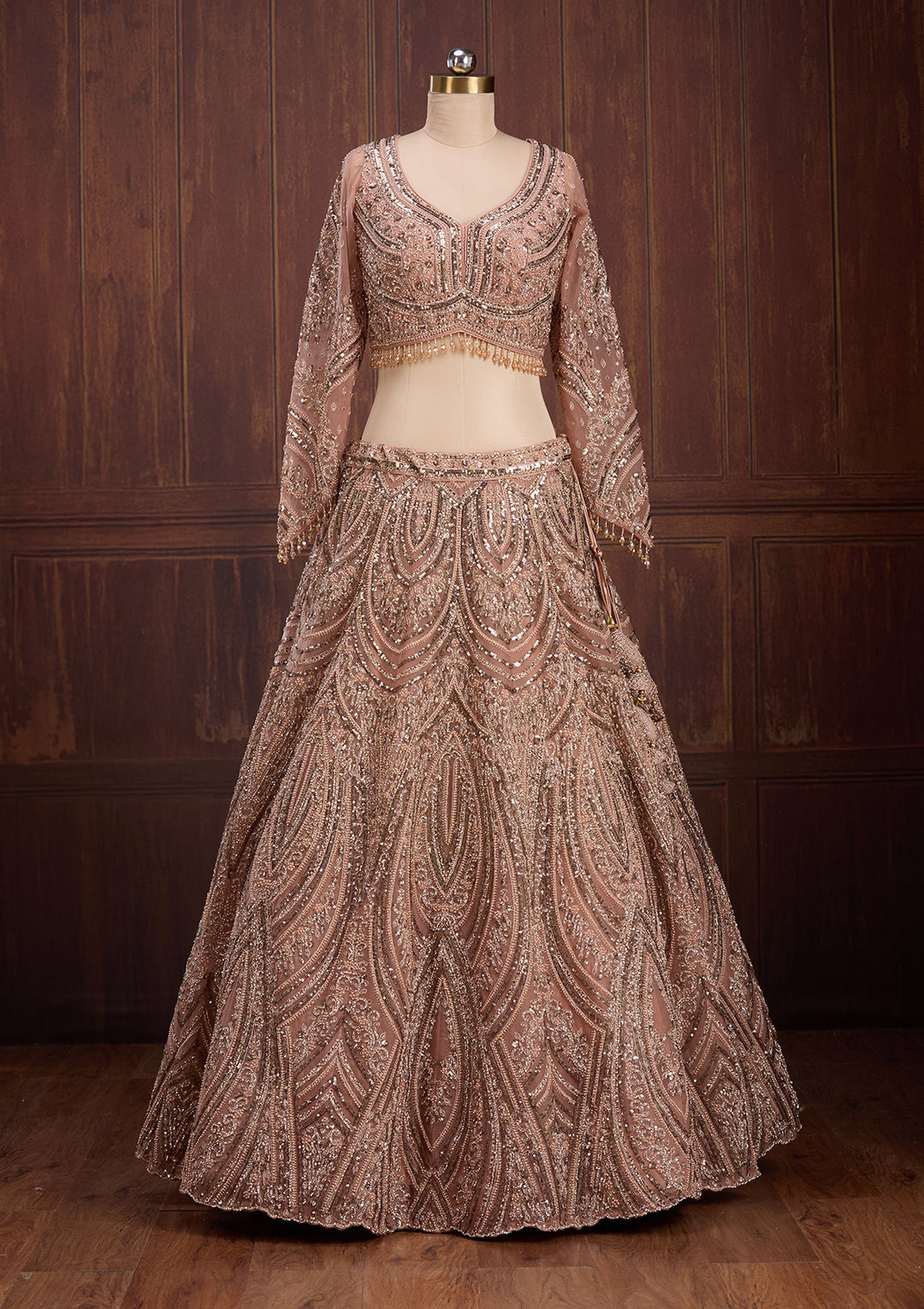 Peach Sequins Net Readymade Lehenga