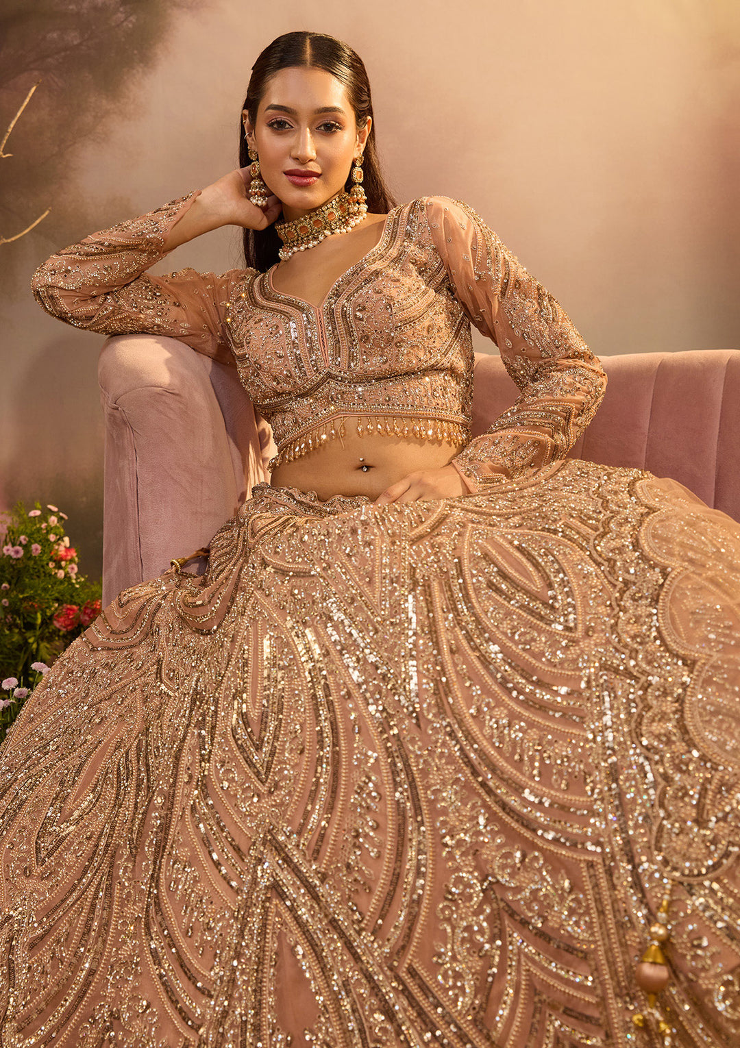 Peach Sequins Net Readymade Lehenga