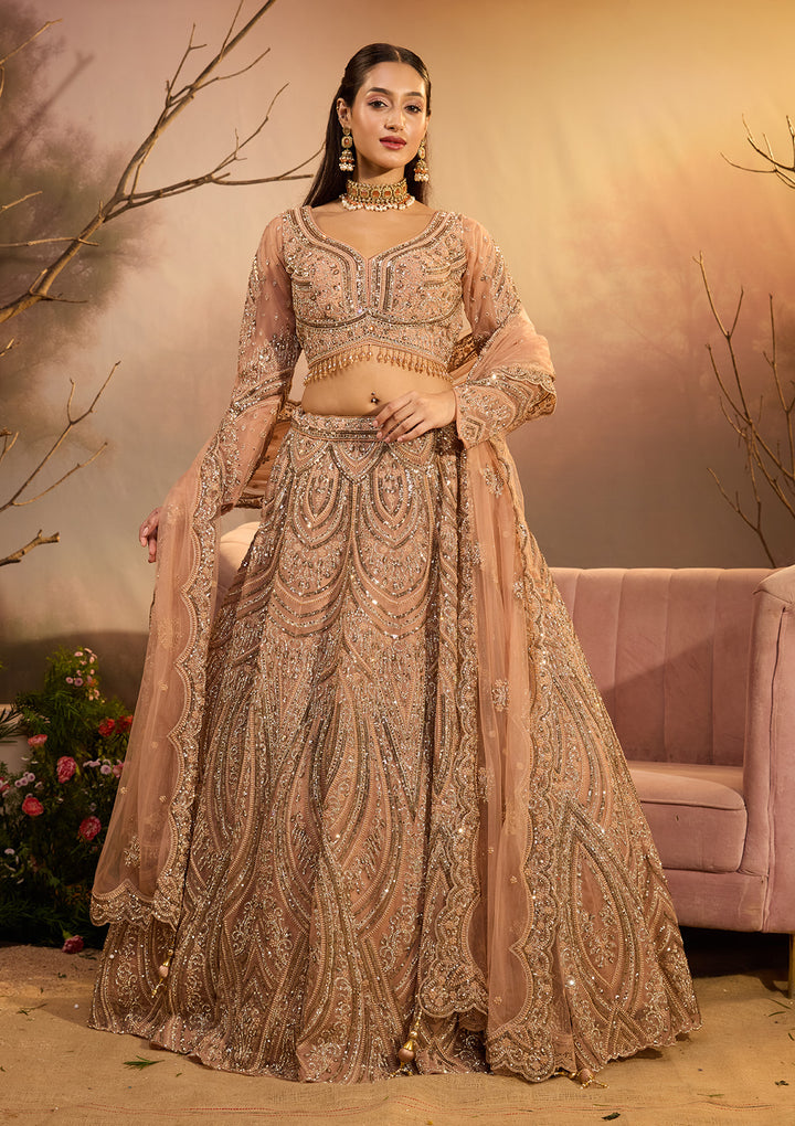 Peach Sequins Net Readymade Lehenga