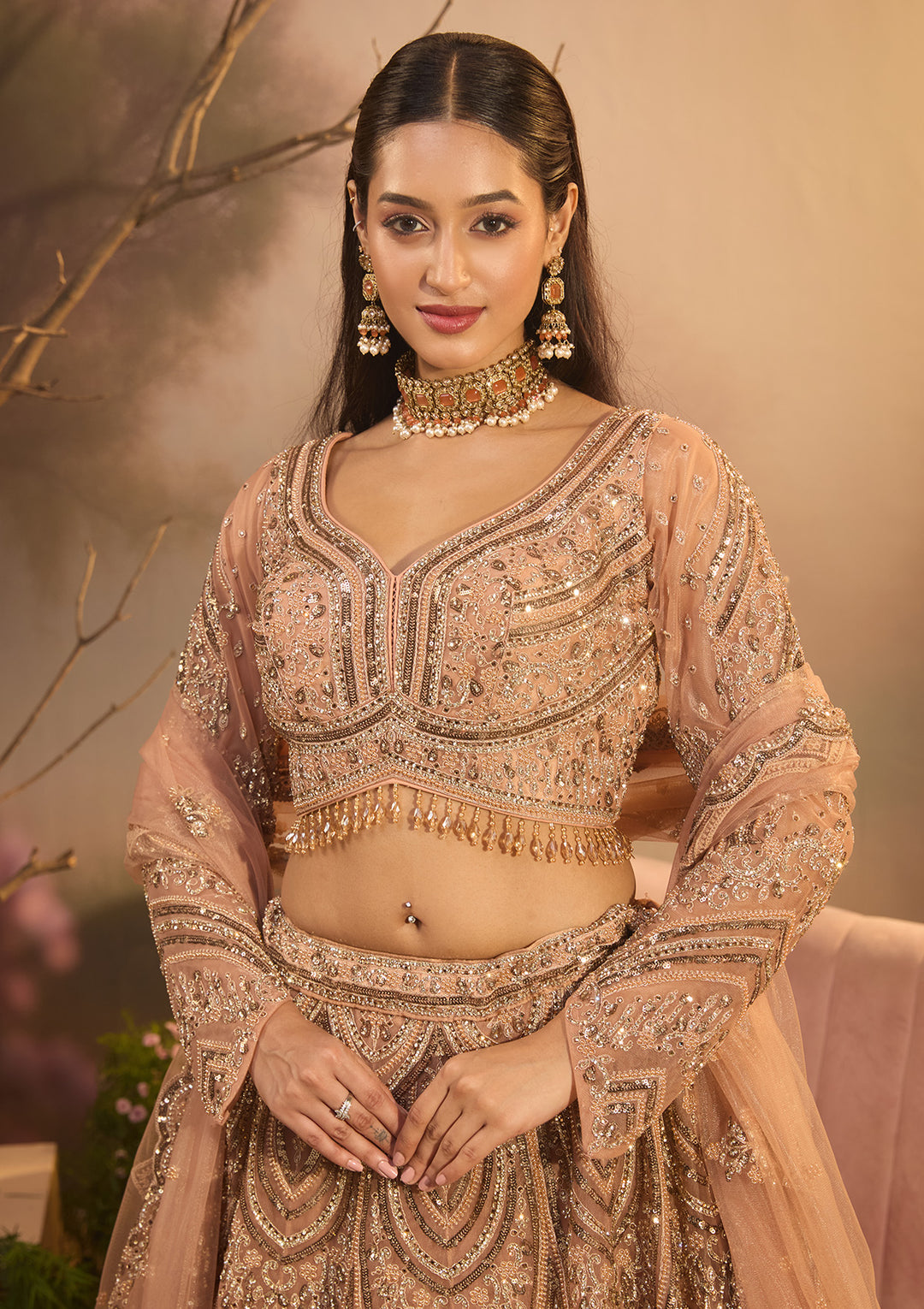 Peach Sequins Net Readymade Lehenga