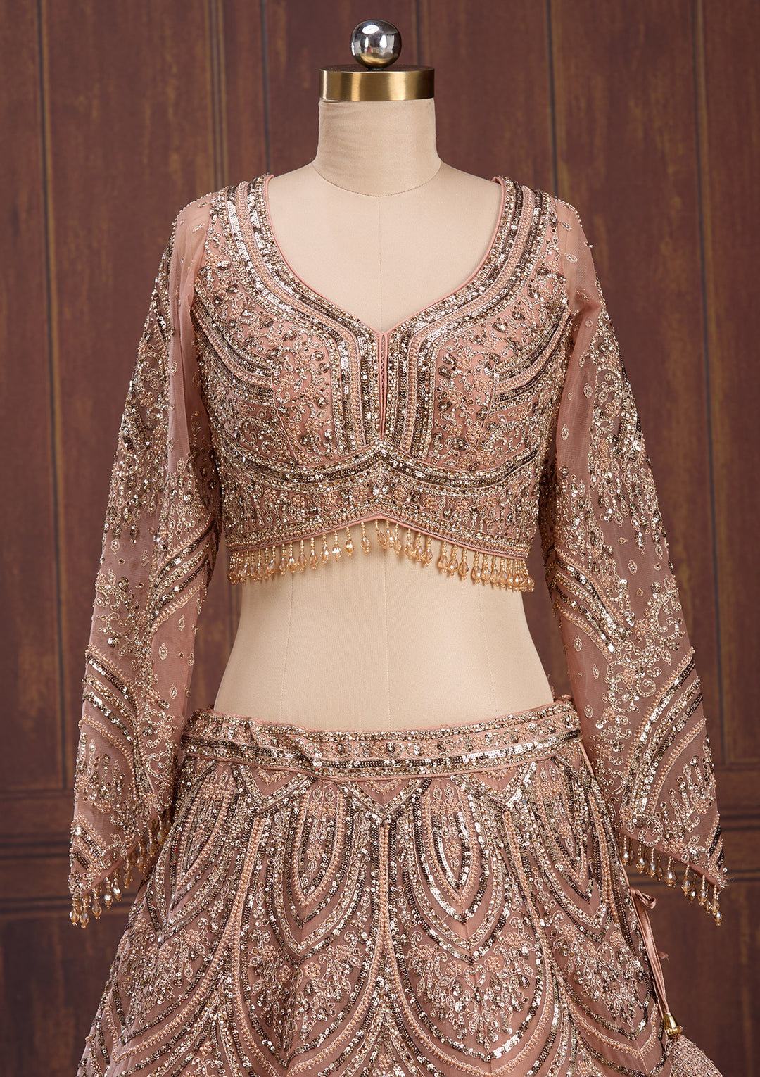 Peach Sequins Net Readymade Lehenga