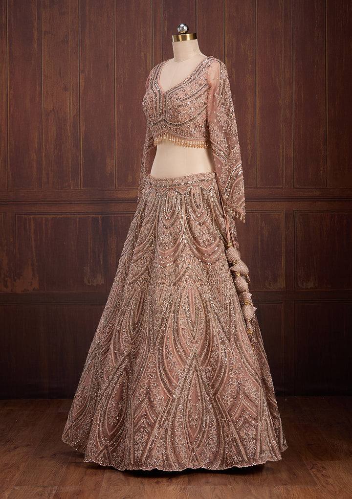 Peach Sequins Net Readymade Lehenga