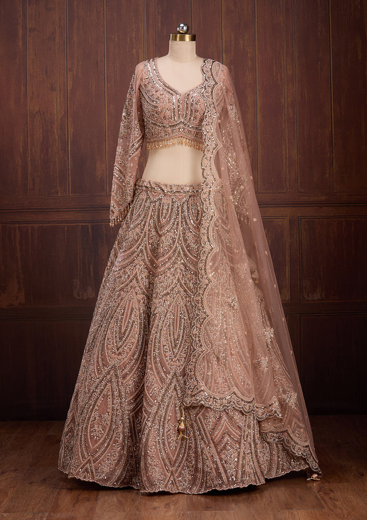 Peach Sequins Net Readymade Lehenga