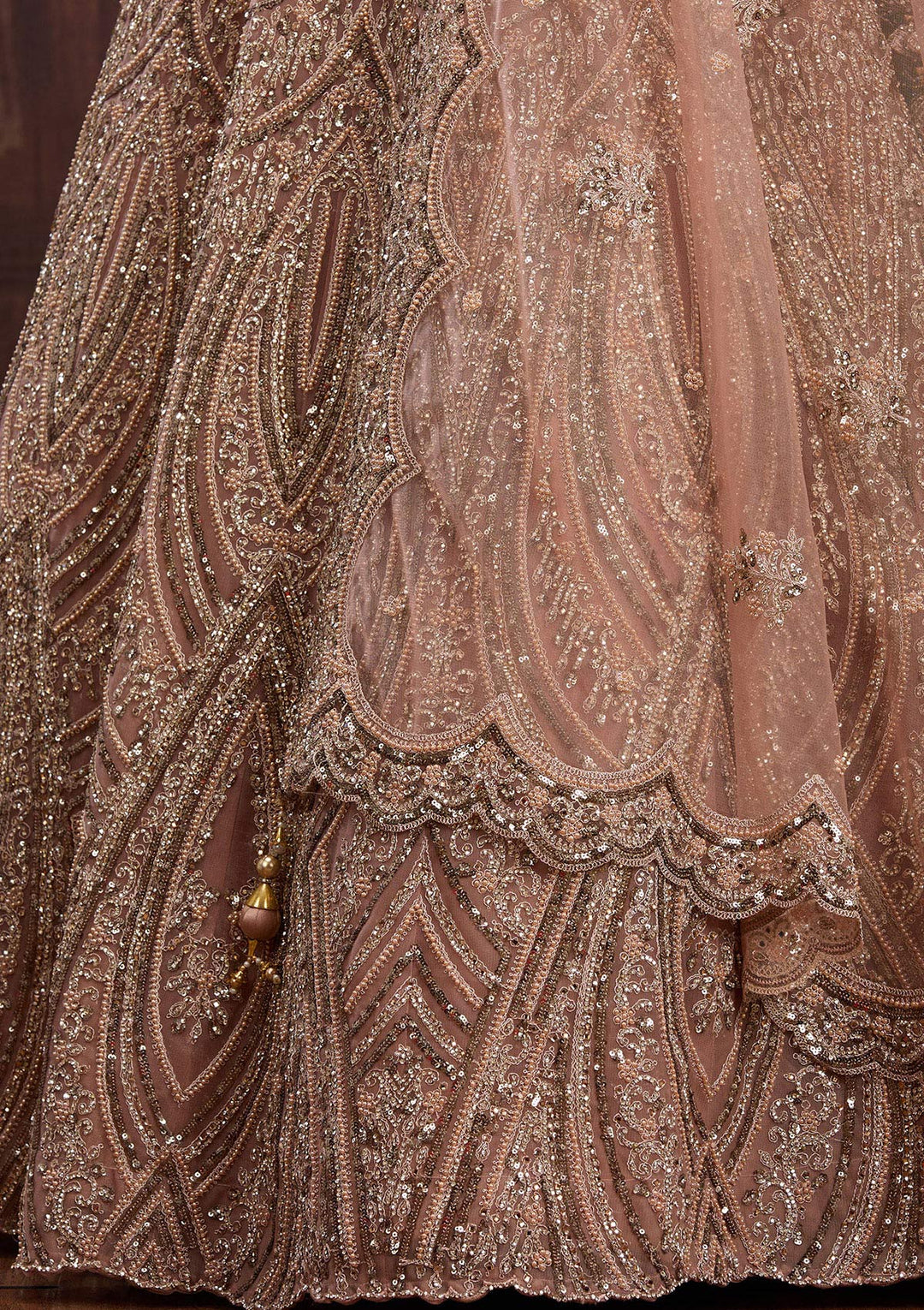 Peach Sequins Net Readymade Lehenga