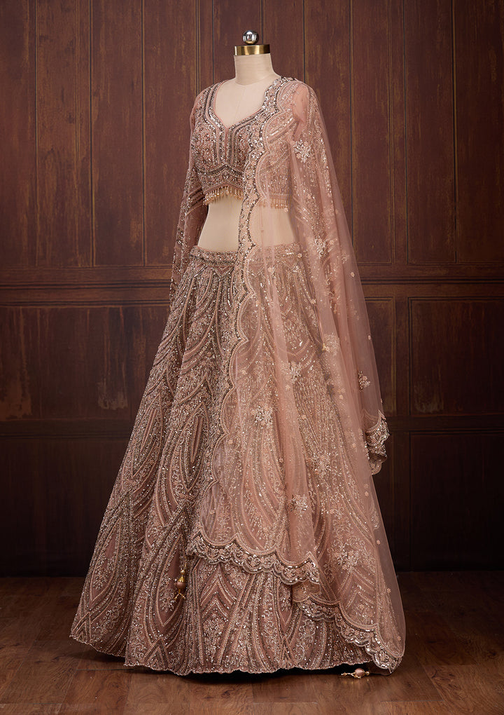 Peach Sequins Net Readymade Lehenga