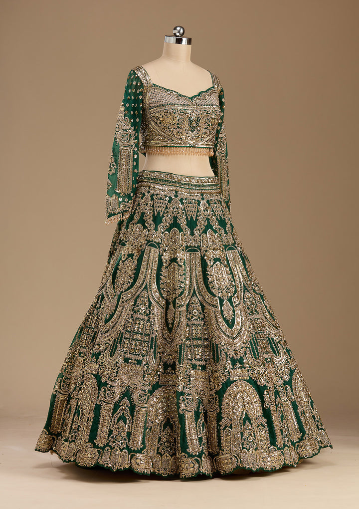 Sequins Bottle Green Net Stitched Lehenga Blouse With Dupatta