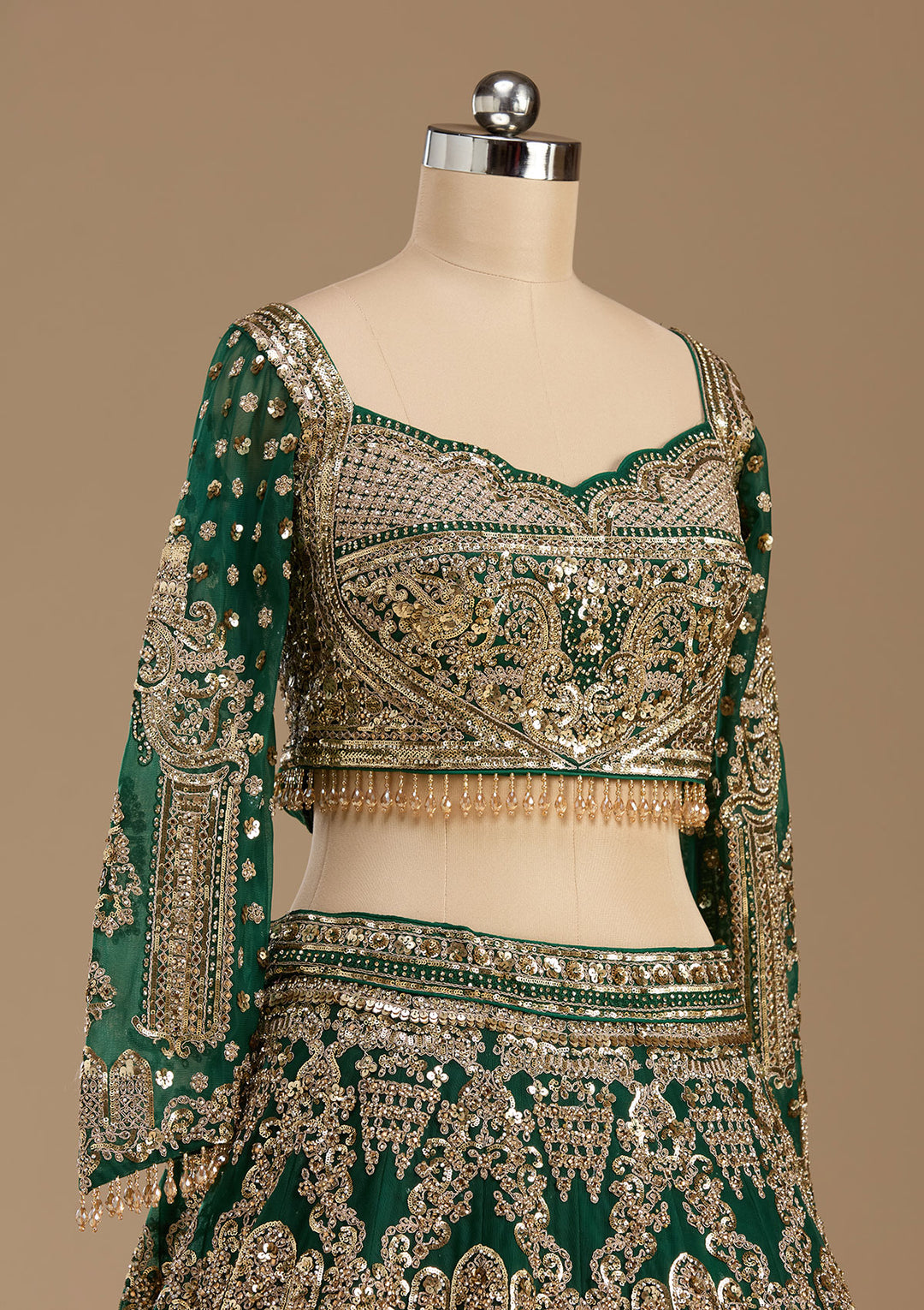 Sequins Bottle Green Net Stitched Lehenga Blouse With Dupatta