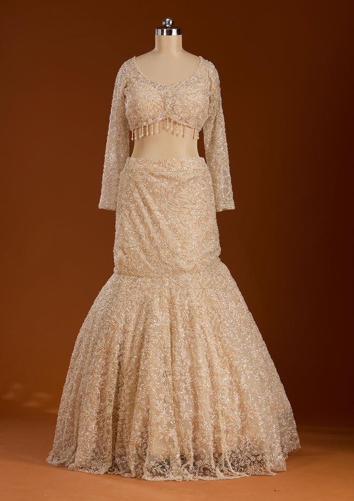 Pearlwork Off White Net Stitched Lehenga Blouse With Dupatta