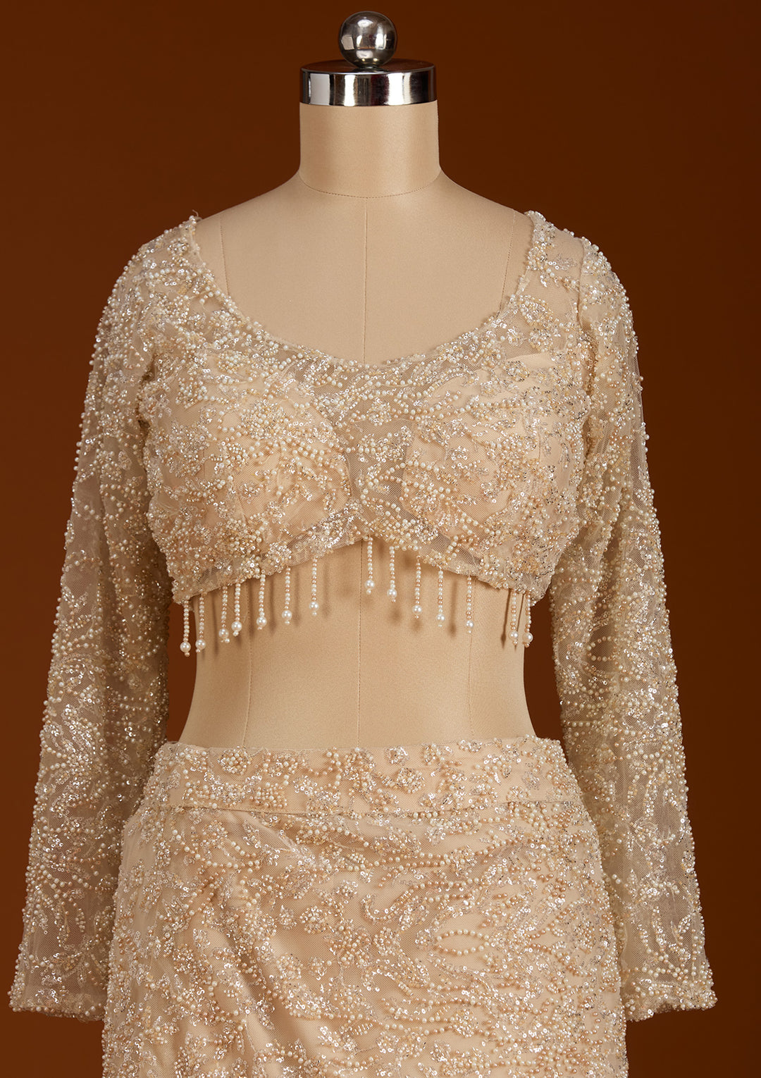 Pearlwork Off White Net Stitched Lehenga Blouse With Dupatta