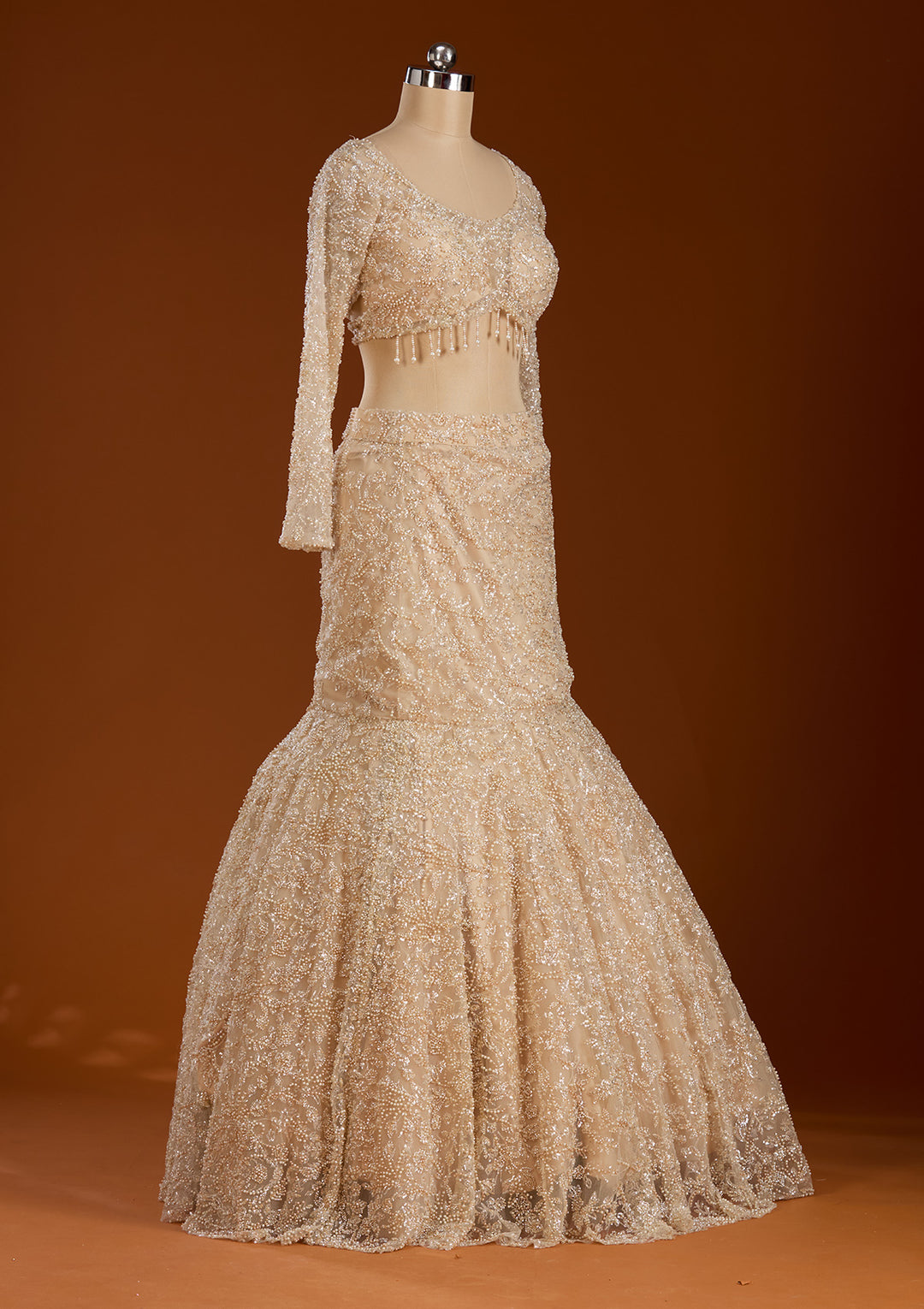 Pearlwork Off White Net Stitched Lehenga Blouse With Dupatta