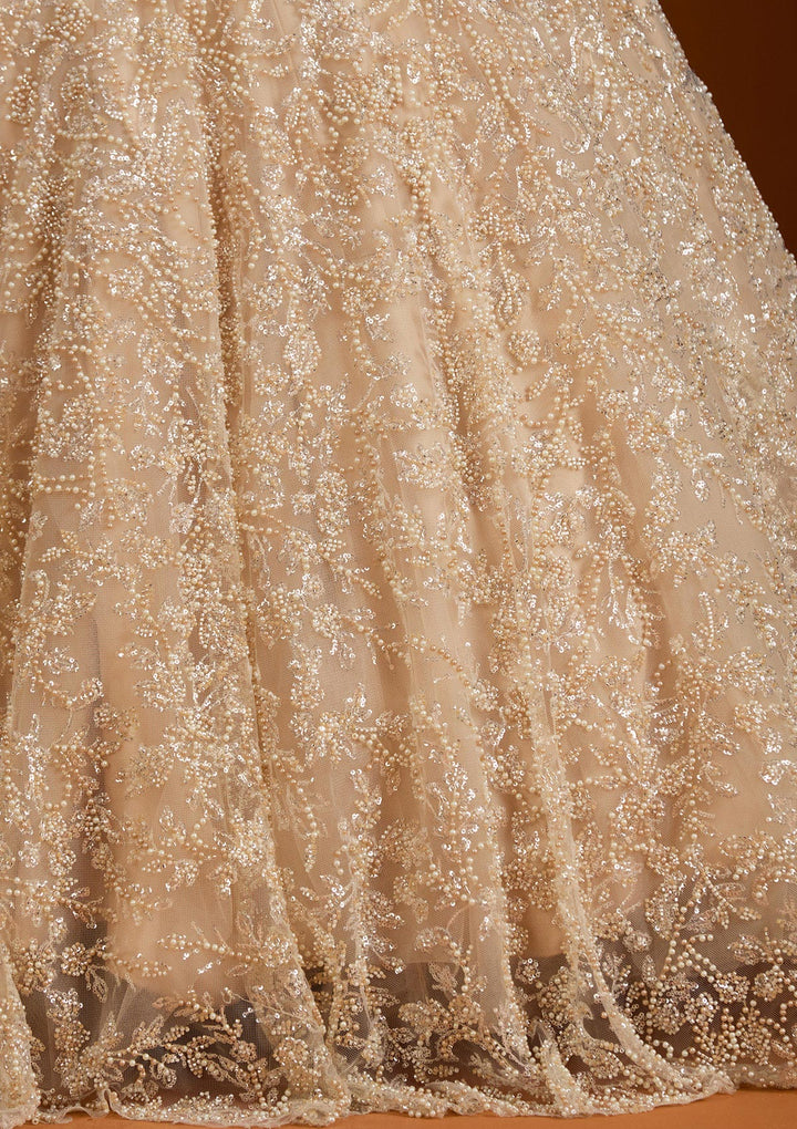 Pearlwork Off White Net Stitched Lehenga Blouse With Dupatta