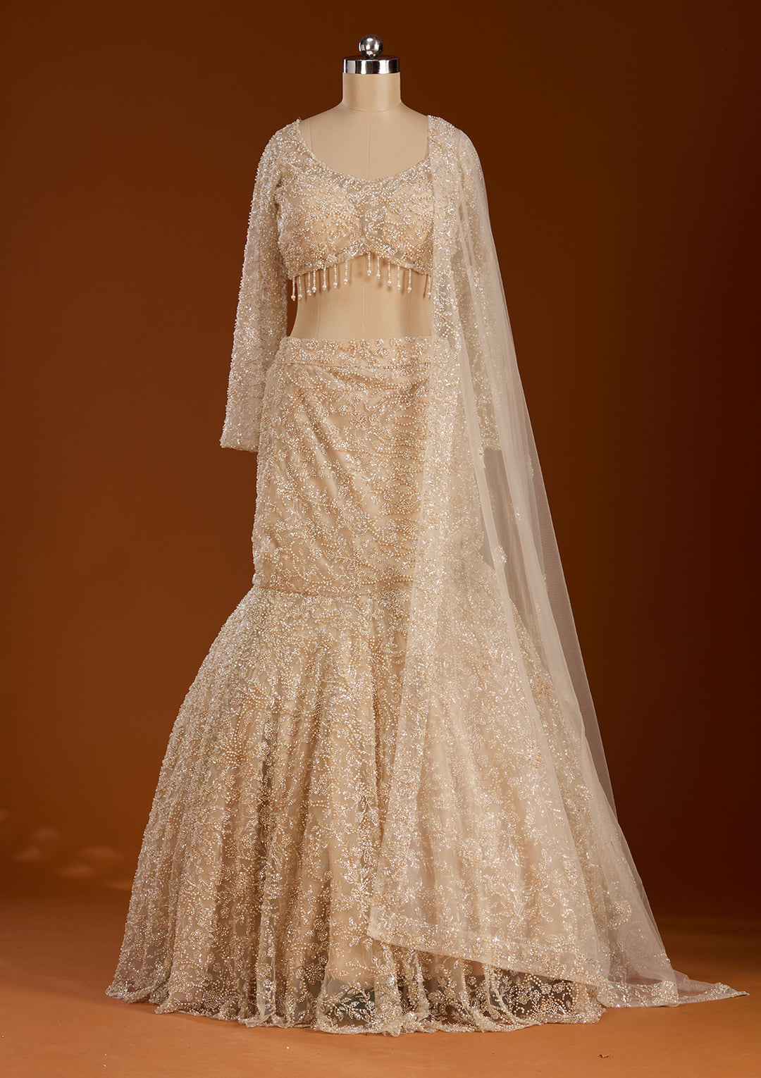 Pearlwork Off White Net Stitched Lehenga Blouse With Dupatta