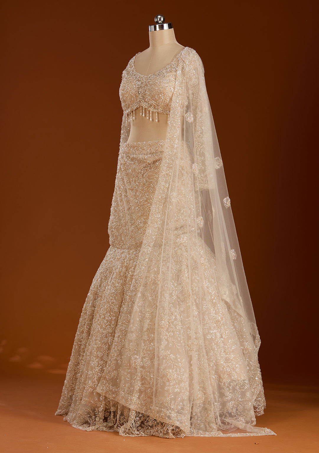 Pearlwork Off White Net Stitched Lehenga Blouse With Dupatta