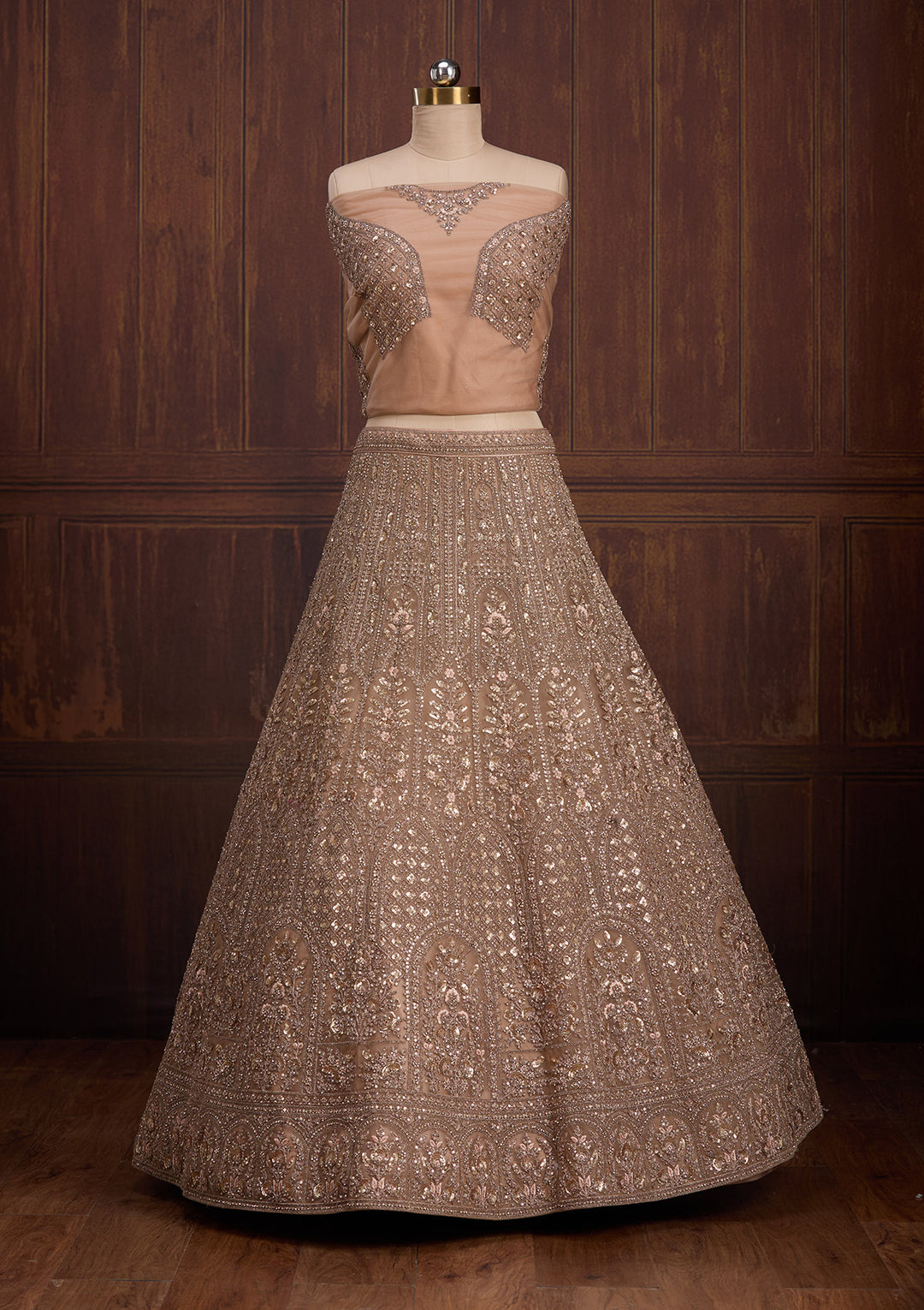 Beige Cording Net Readymade Lehenga