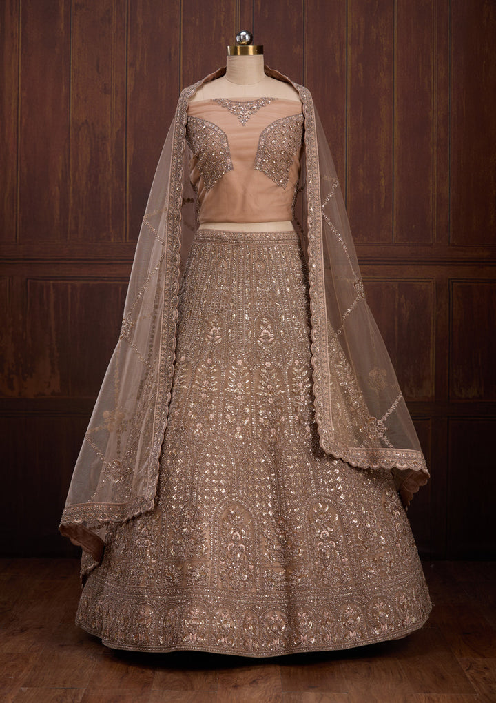 Beige Cording Net Readymade Lehenga