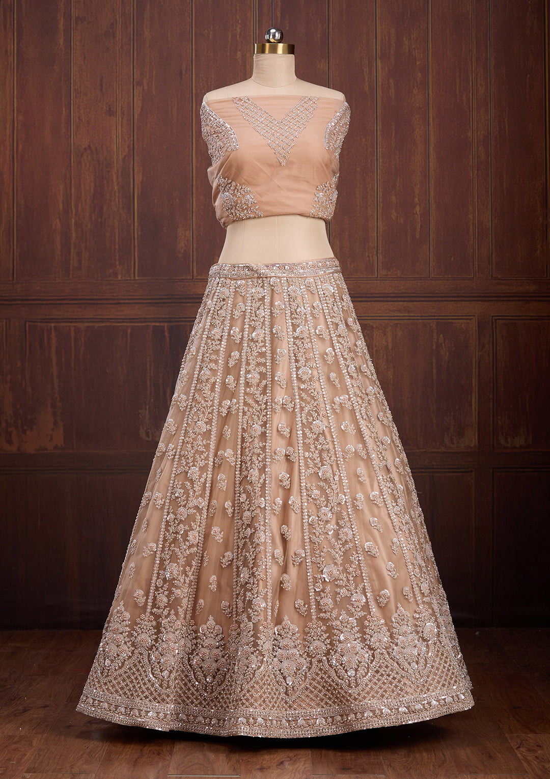 Beige Cording Net Readymade Lehenga