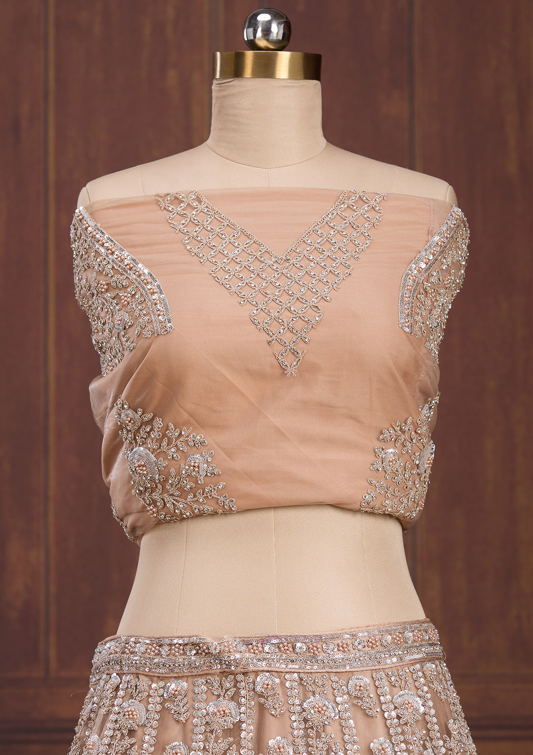 Beige Cording Net Readymade Lehenga