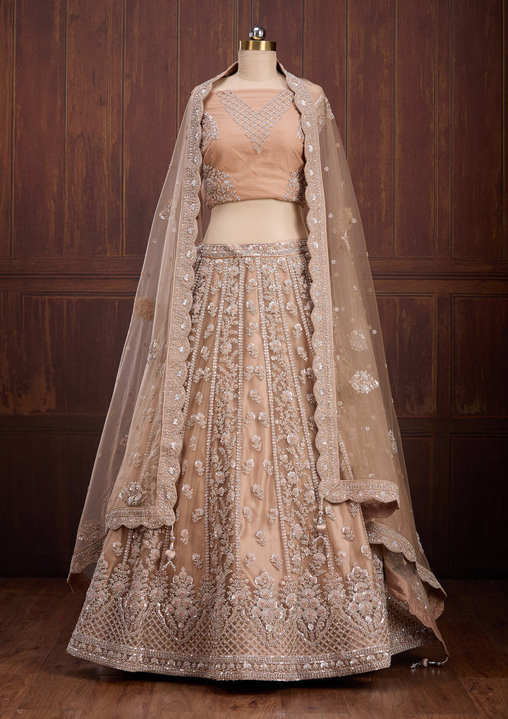 Beige Cording Net Readymade Lehenga