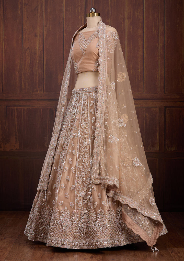 Beige Cording Net Readymade Lehenga