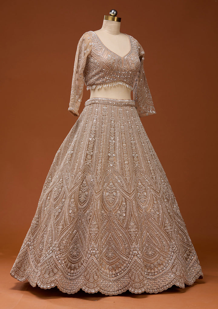 Beige Zariwork (Silver) Net Readymade Lehenga