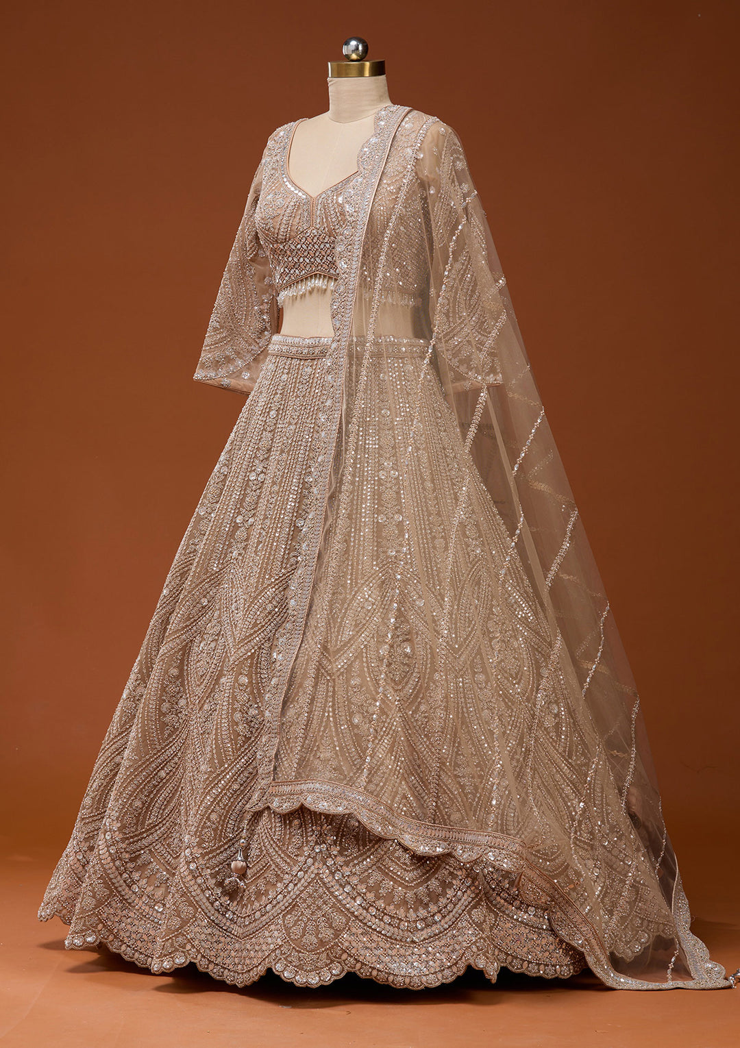 Beige Zariwork (Silver) Net Readymade Lehenga