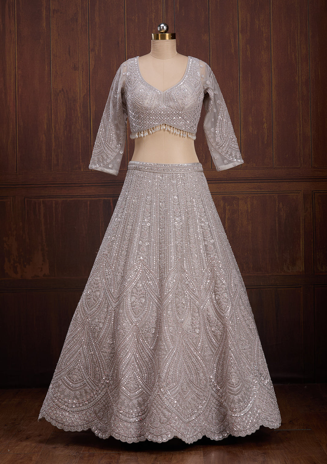Light Grey Cording Net Readymade Lehenga