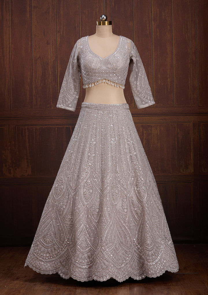 Light Grey Cording Net Readymade Lehenga