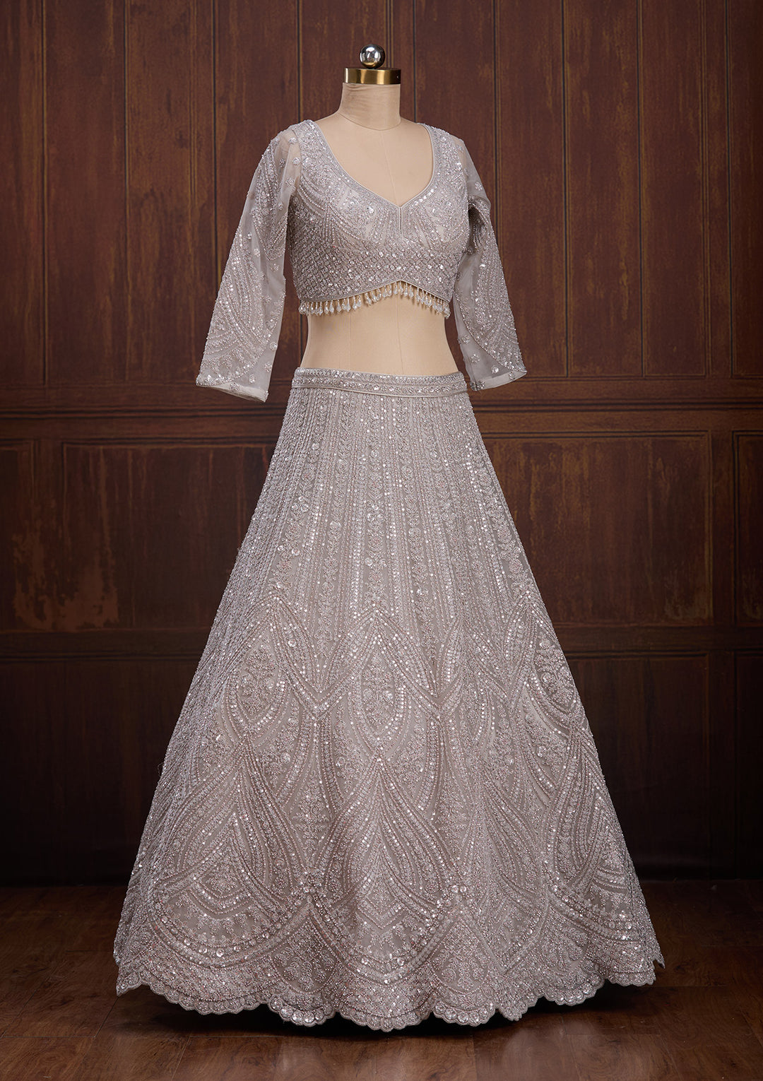 Light Grey Cording Net Readymade Lehenga