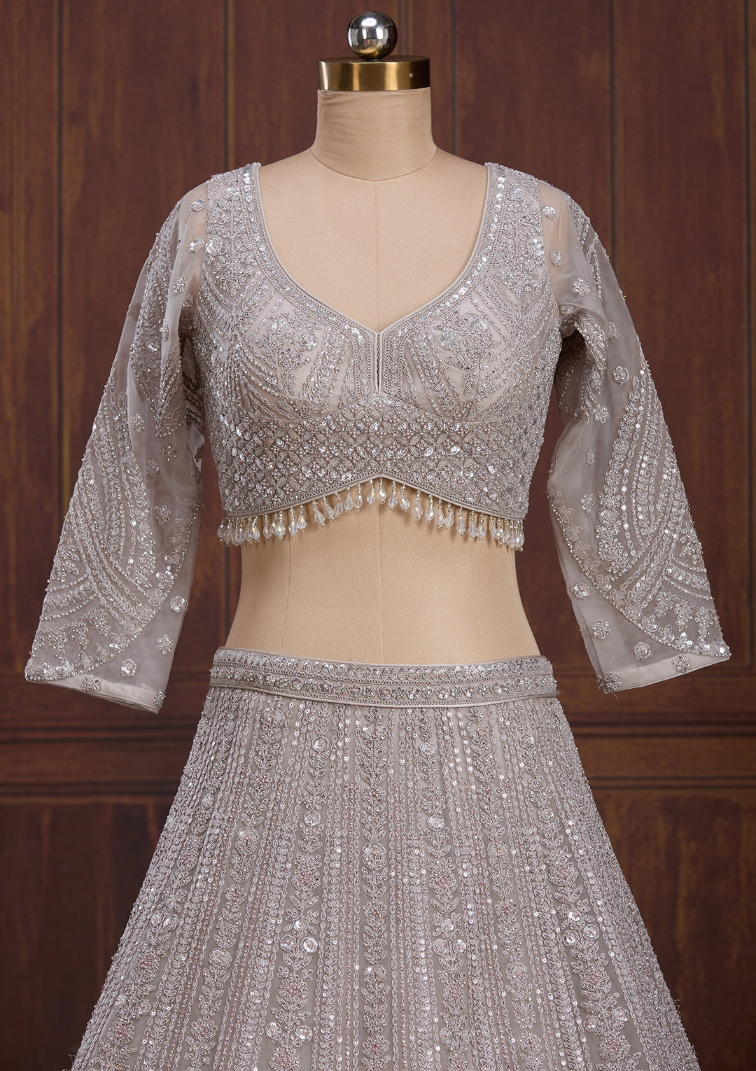 Light Grey Cording Net Readymade Lehenga