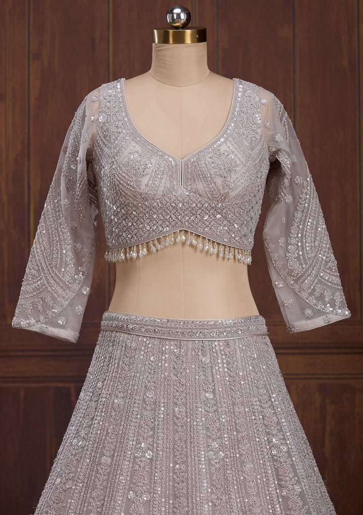 Light Grey Cording Net Readymade Lehenga