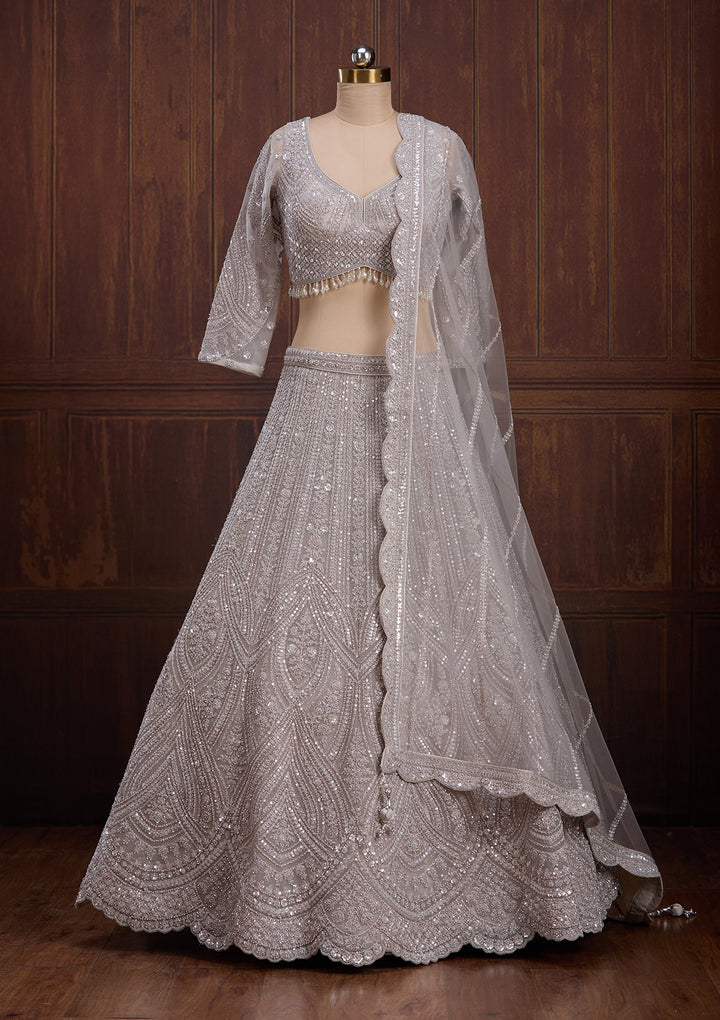 Light Grey Cording Net Readymade Lehenga