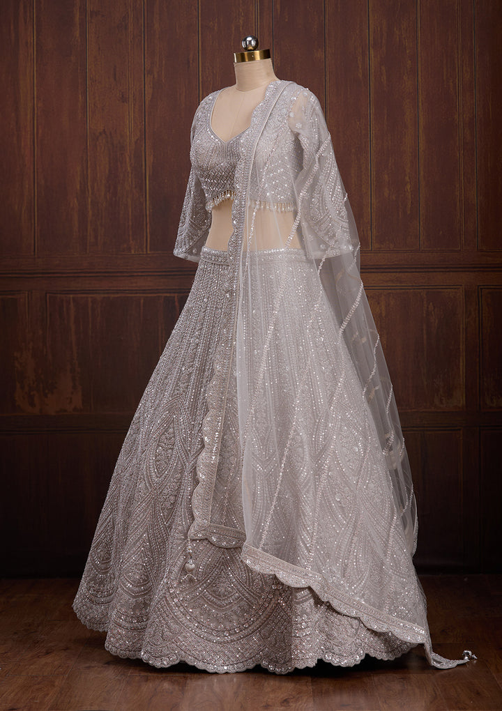 Light Grey Cording Net Readymade Lehenga