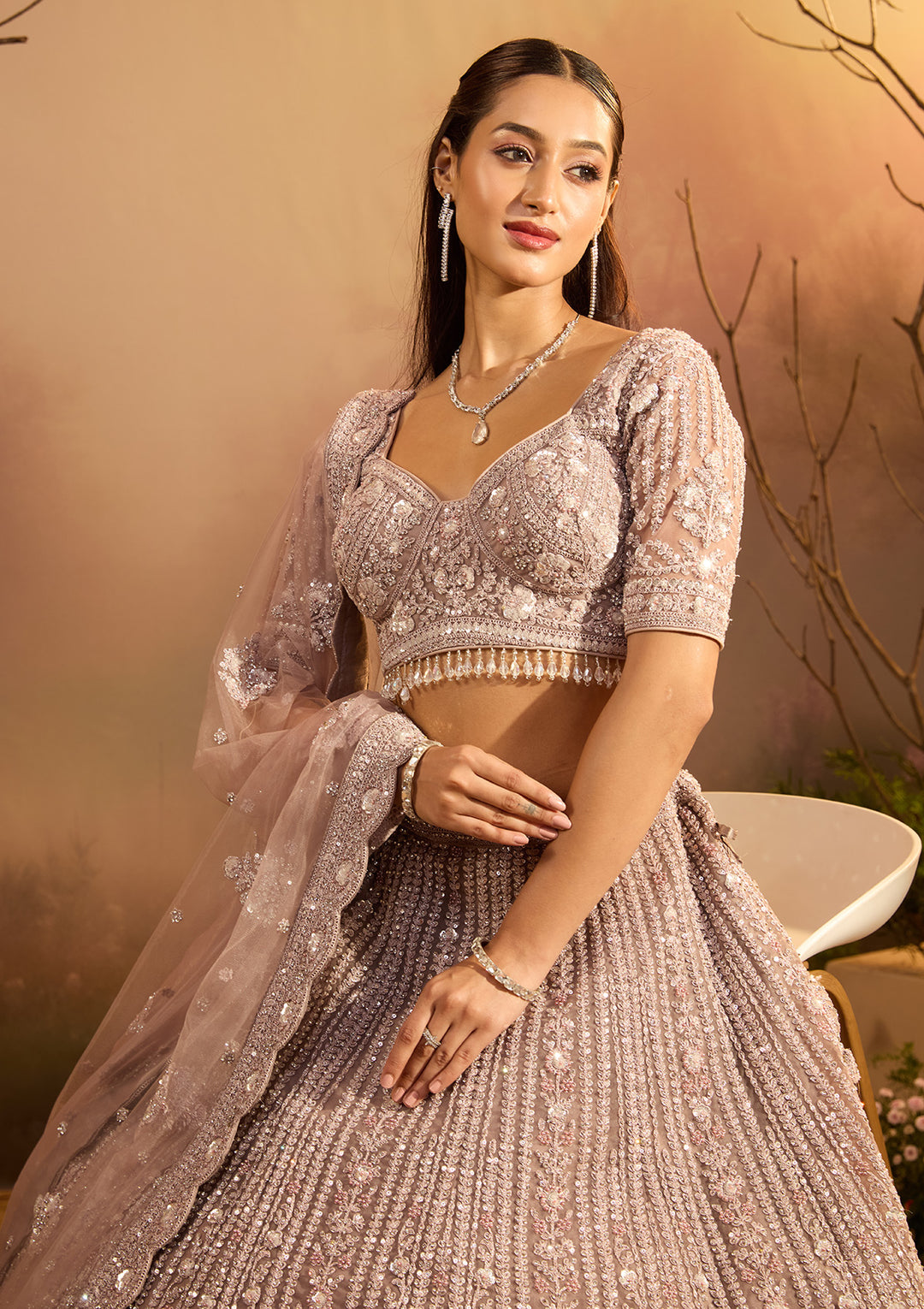 Lavender Cording Net Readymade Lehenga