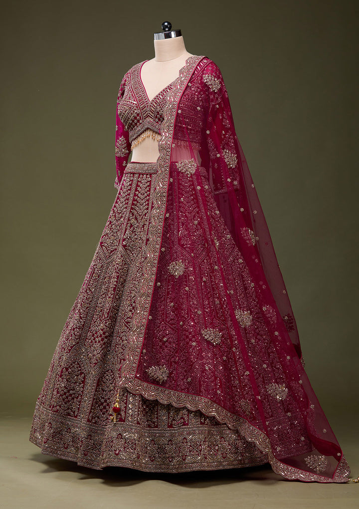 Maroon Zariwork (Gold) Net Readymade Lehenga