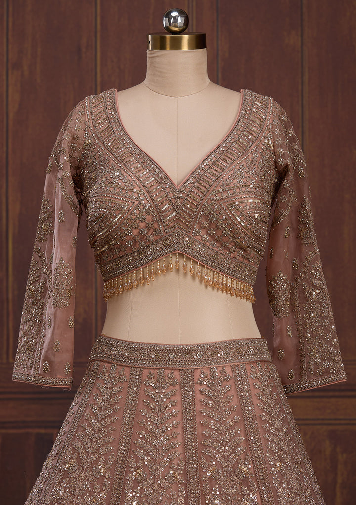 Peach Cording Net Readymade Lehenga