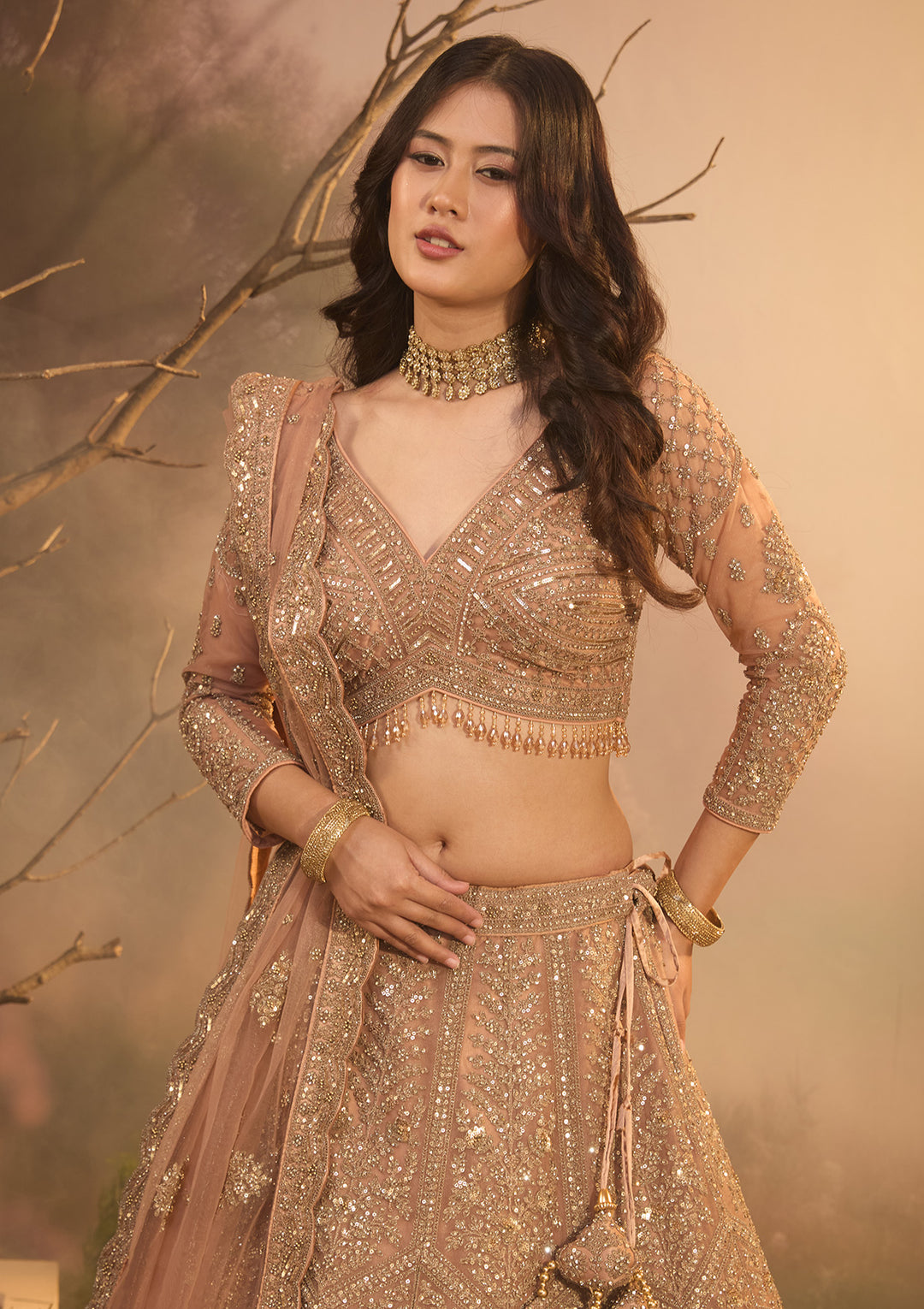 Peach Cording Net Readymade Lehenga