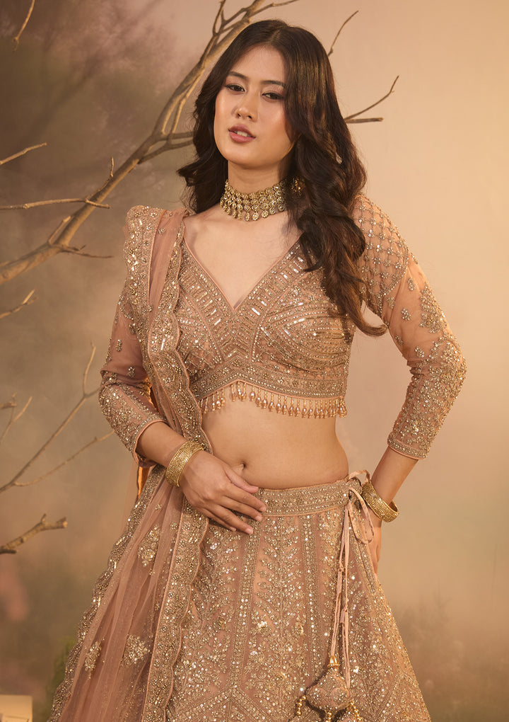 Peach Cording Net Readymade Lehenga