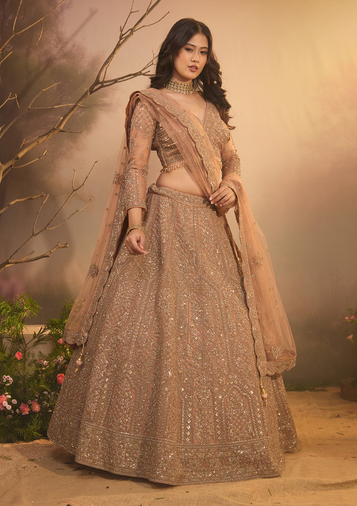 Peach Cording Net Readymade Lehenga
