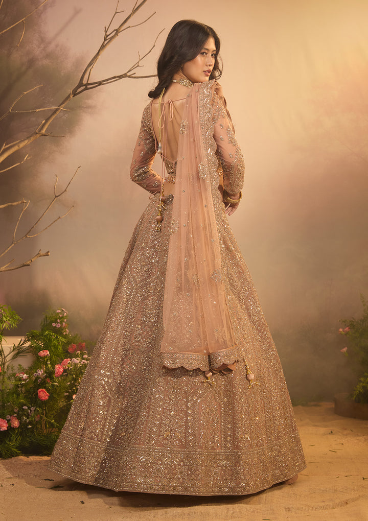 Peach Cording Net Readymade Lehenga