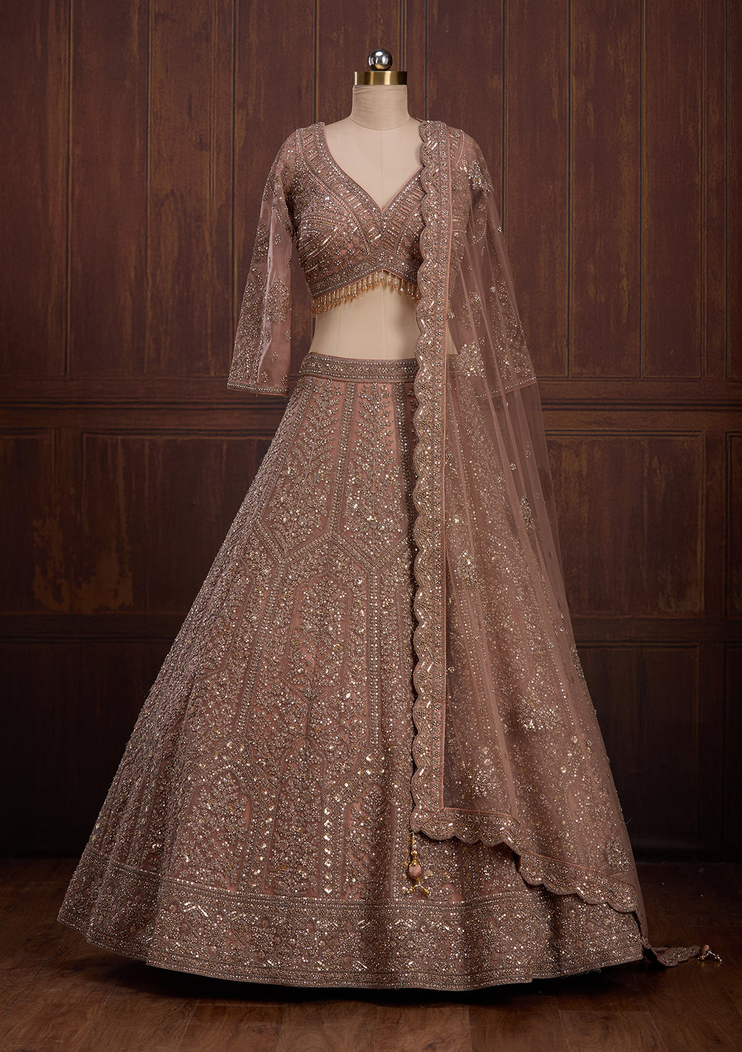 Peach Cording Net Readymade Lehenga