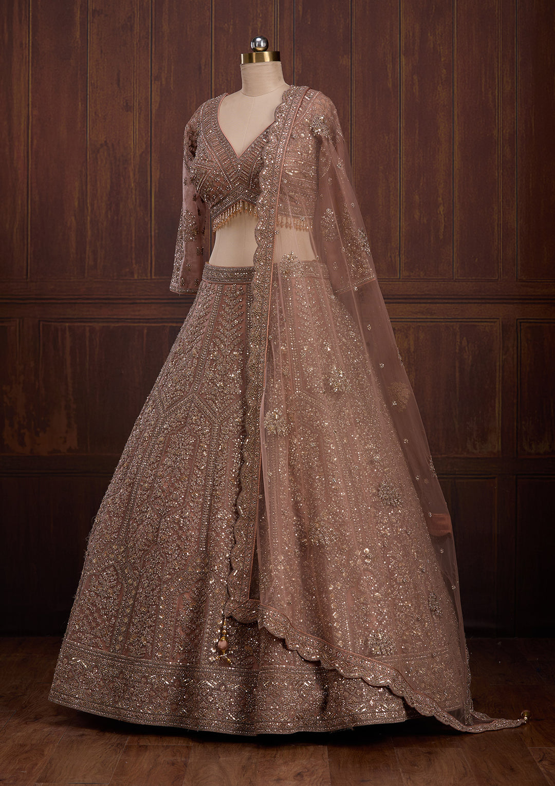 Peach Cording Net Readymade Lehenga
